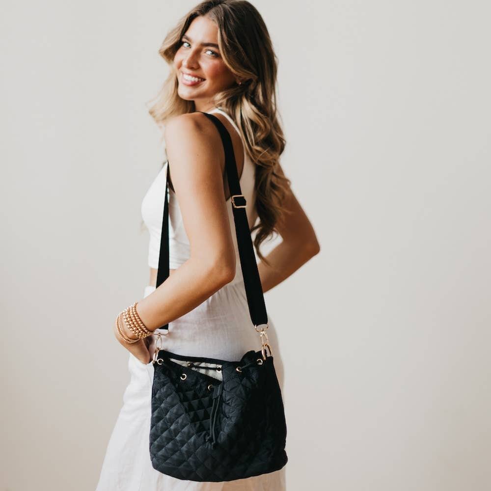 Black Quilted Drawstring Bucket Crossbody Bag